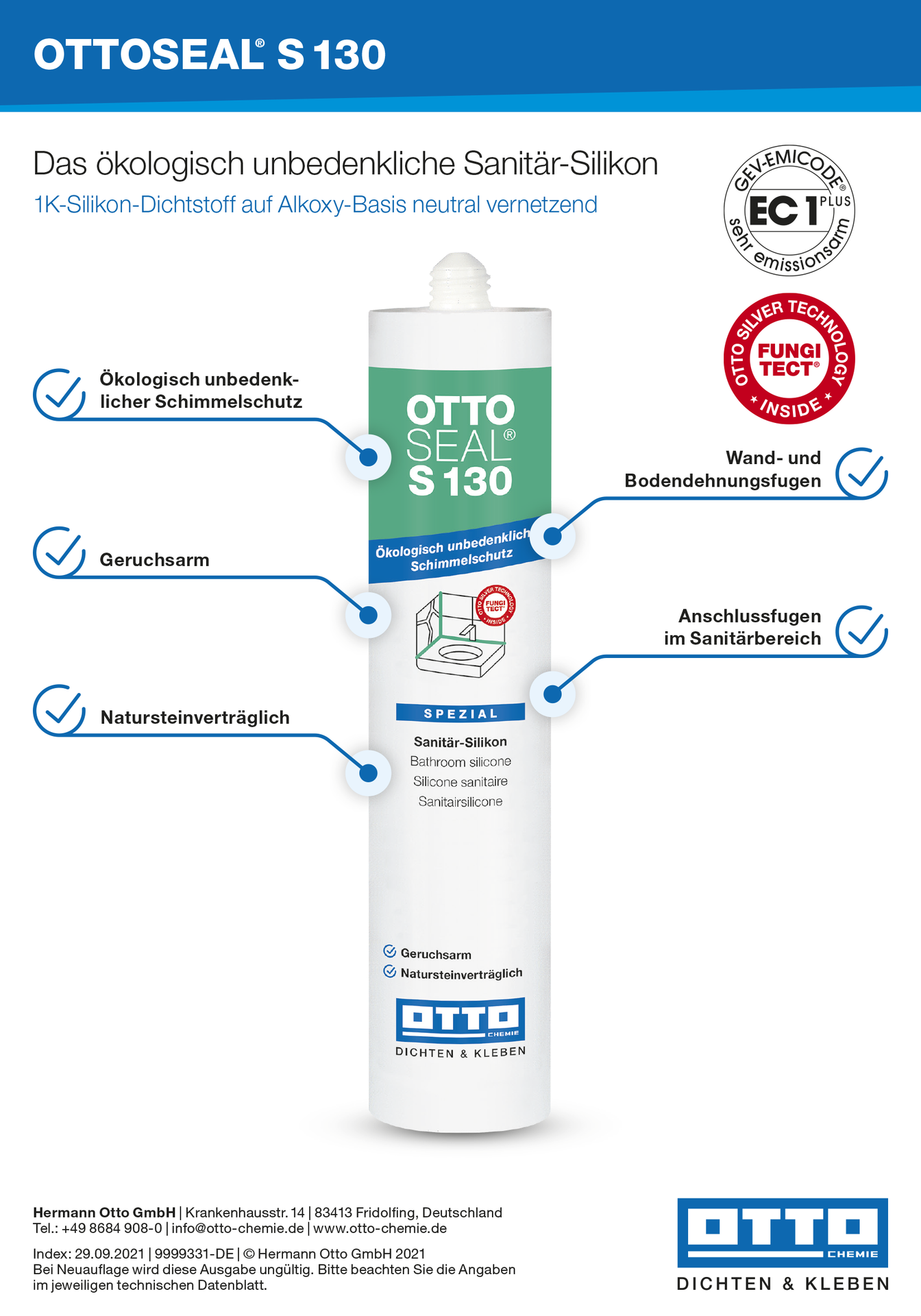 OTTOSEAL® S130 Das Alkoxy-Sanitär-Silicon mit Fungitect® Silber-Technologie 